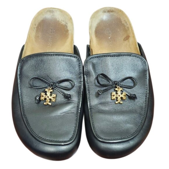 Tory Burch Charm Mules Flat Slip-on Black Genuine Leather Natural Cork US Size 7 - Picture 4 of 14